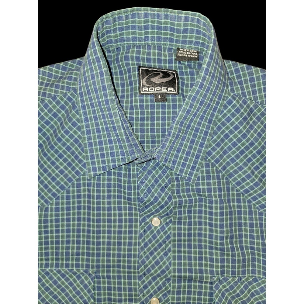 Roper Pearl Snap Western Shirt Mens Large Green Blue  Check Plaid Cowboy Rodeo